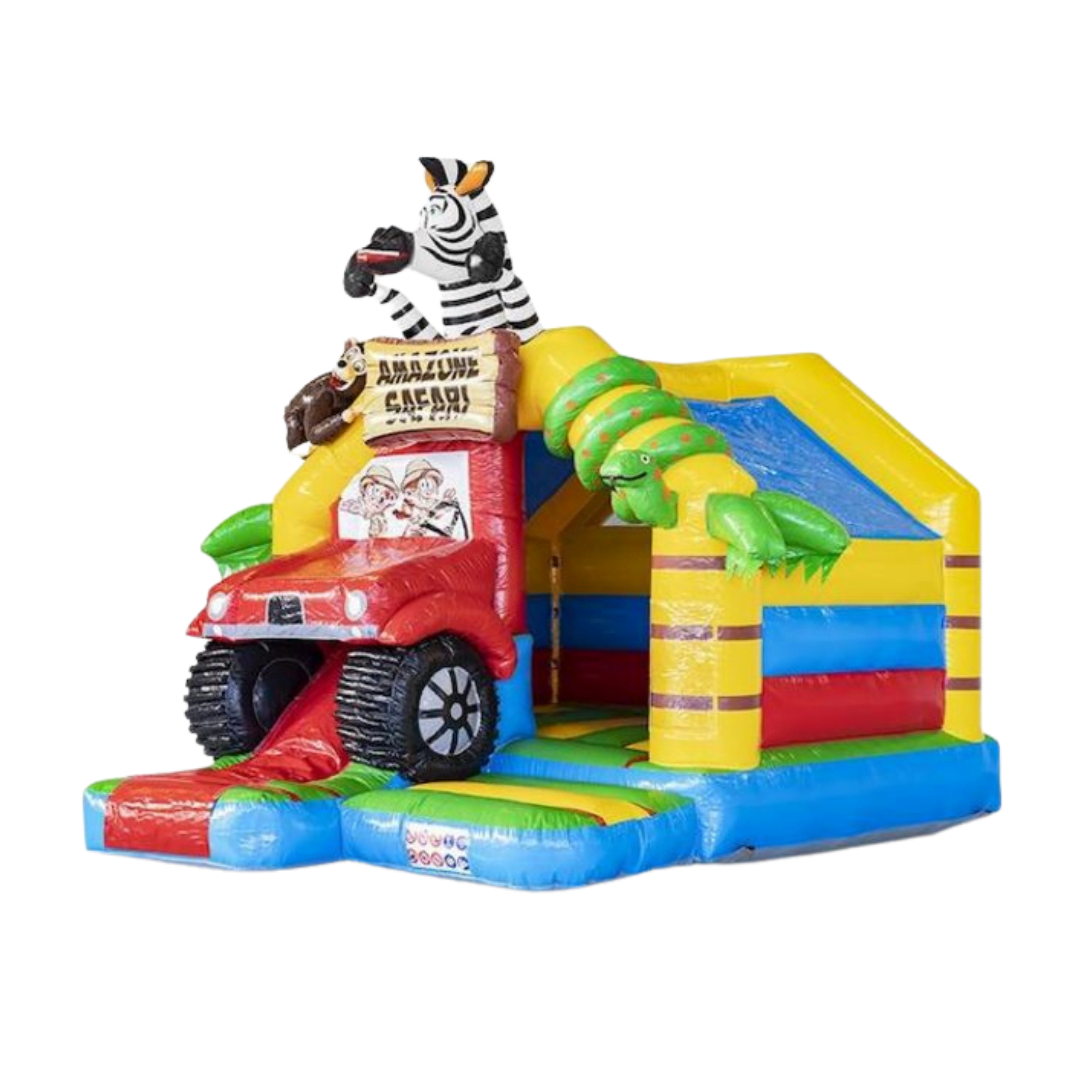 Overdekt springkussen met een safari thema en met dieren